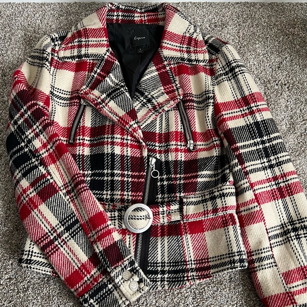 Express Lighter Short Coat Jacket Red & White Plaid Belted Women’s Size Small
